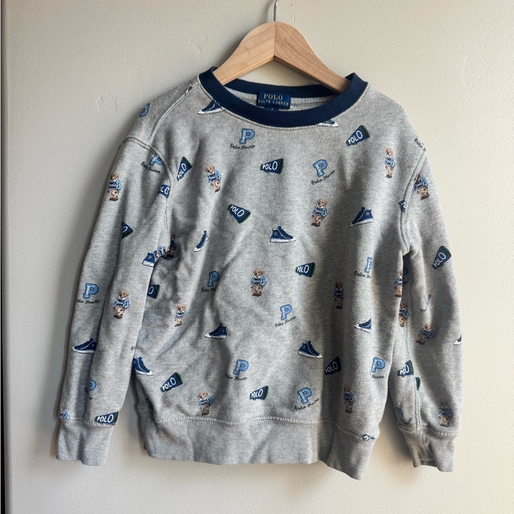Polo Ralph Lauren Boys Grey Heather Polo Bear Graphic Terry Pullover Sweatshirt